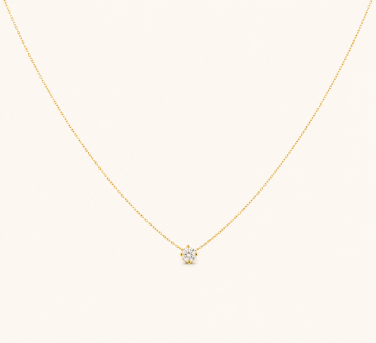 Classic White Zircon Glow Necklace – round white zircon pendant on a gold plated chain for women
