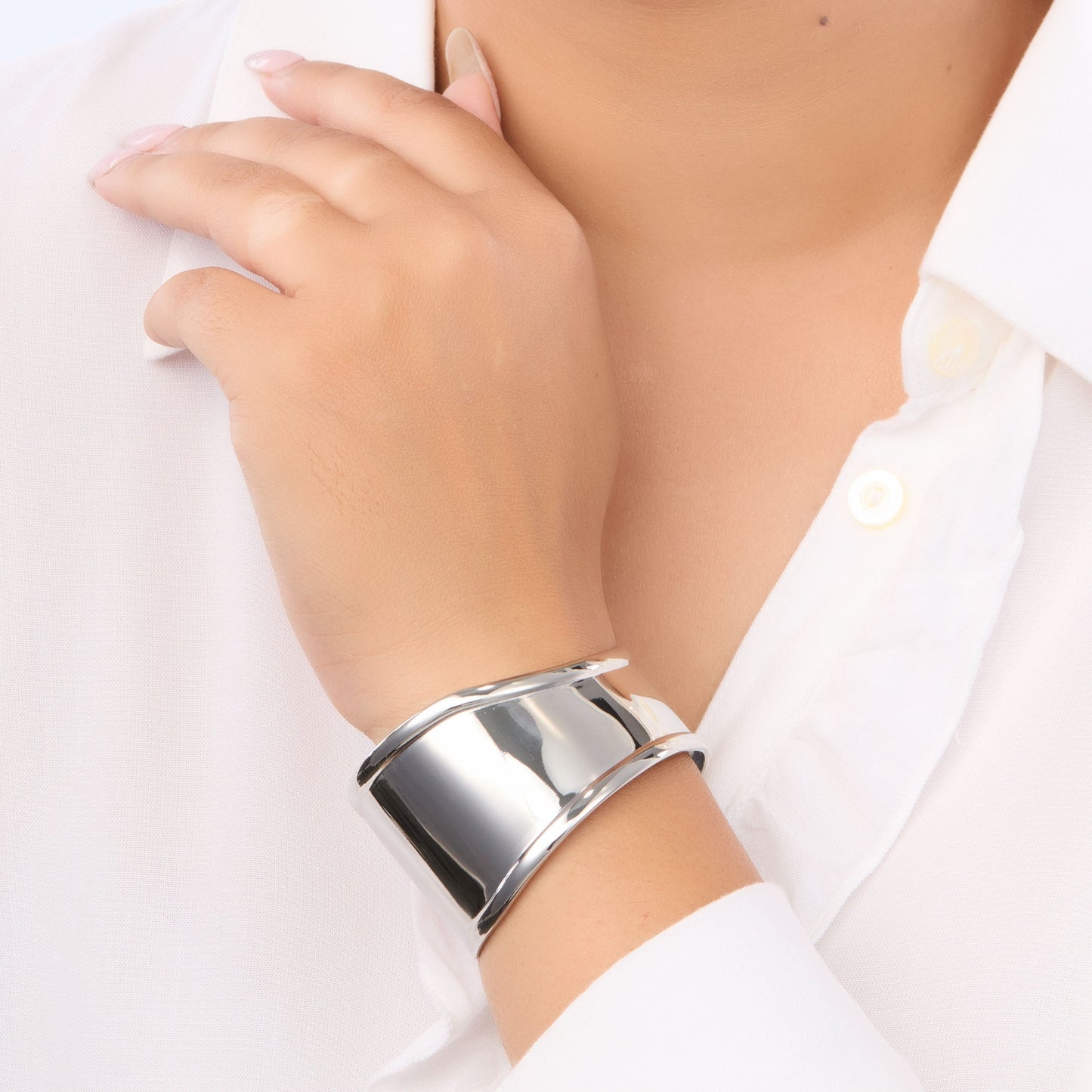Classic wide mirror-polished open cuff bangle in silver and gold tones with sculpted silhouette-2