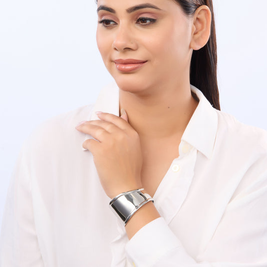 Classic wide mirror-polished open cuff bangle in silver and gold tones with sculpted silhouette-6
