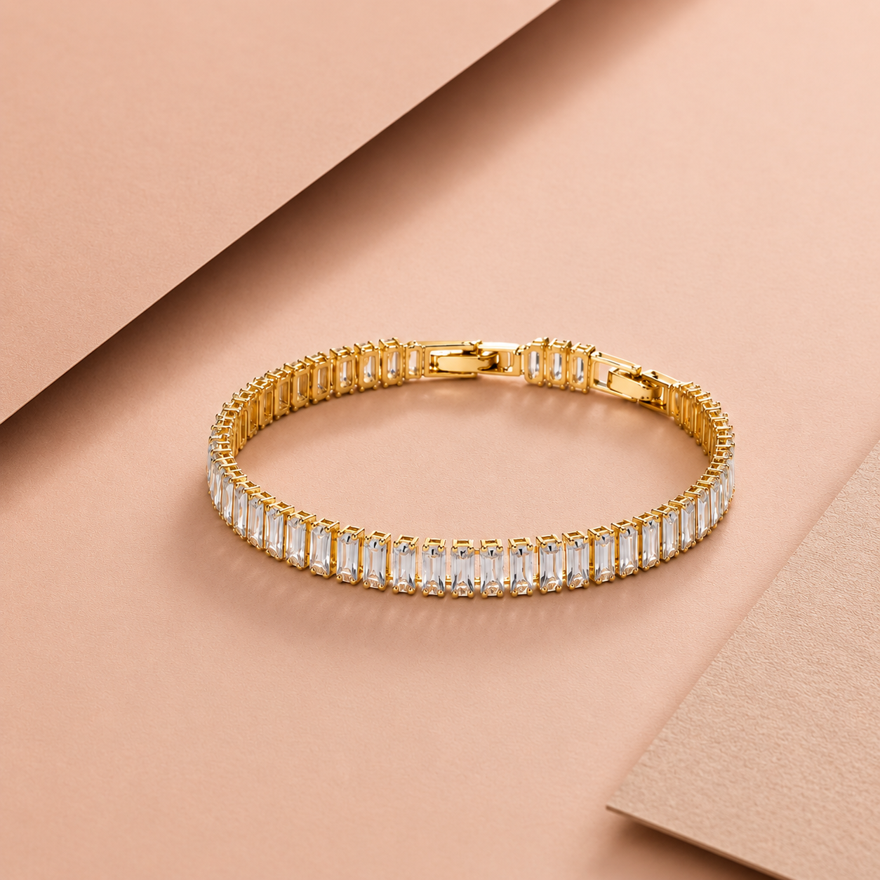 Crystal Line Bracelet – baguette CZ tennis-line gold plated bracelet with box clasp for women-5