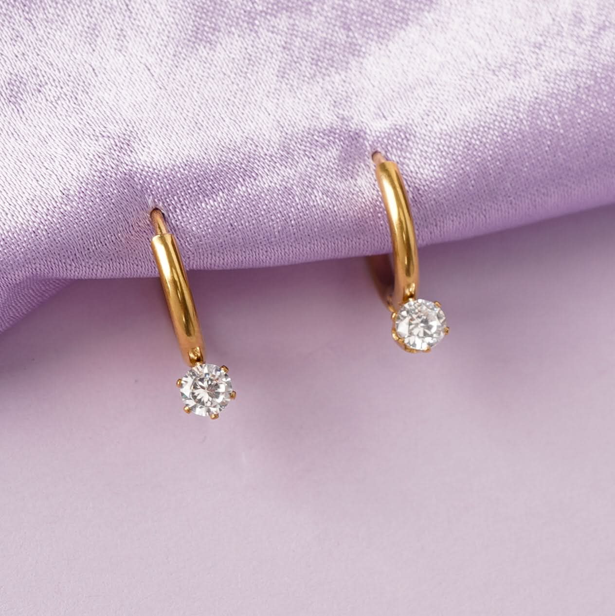 Crystal Solitaire Hoop Earrings – dainty gold plated hoops with single CZ solitaire for women-2