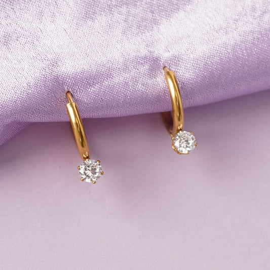 Crystal Solitaire Hoop Earrings – dainty gold plated hoops with single CZ solitaire for women-2