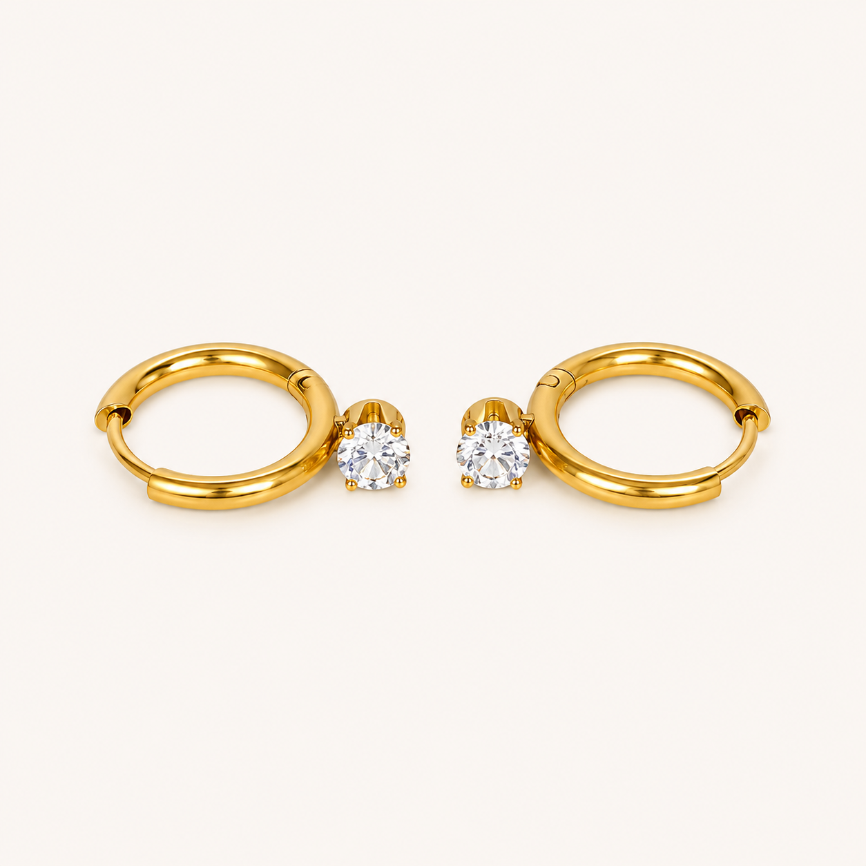 Crystal Solitaire Hoop Earrings – dainty gold plated hoops with single CZ solitaire for women