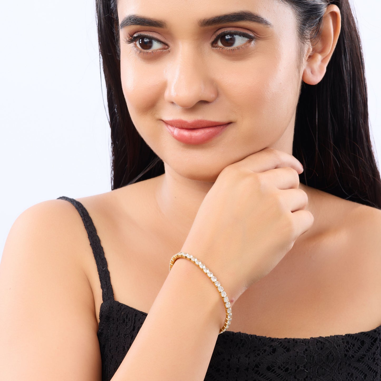 Crystal Tennis Gold Bracelet – single-row crystal tennis bracelet in 18K gold plated finish for women-5