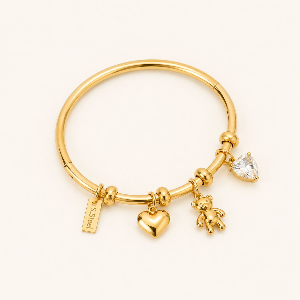 Cute Teddy & Heart Charm Bracelet – gold plated teddy bear and heart charm bracelet for women