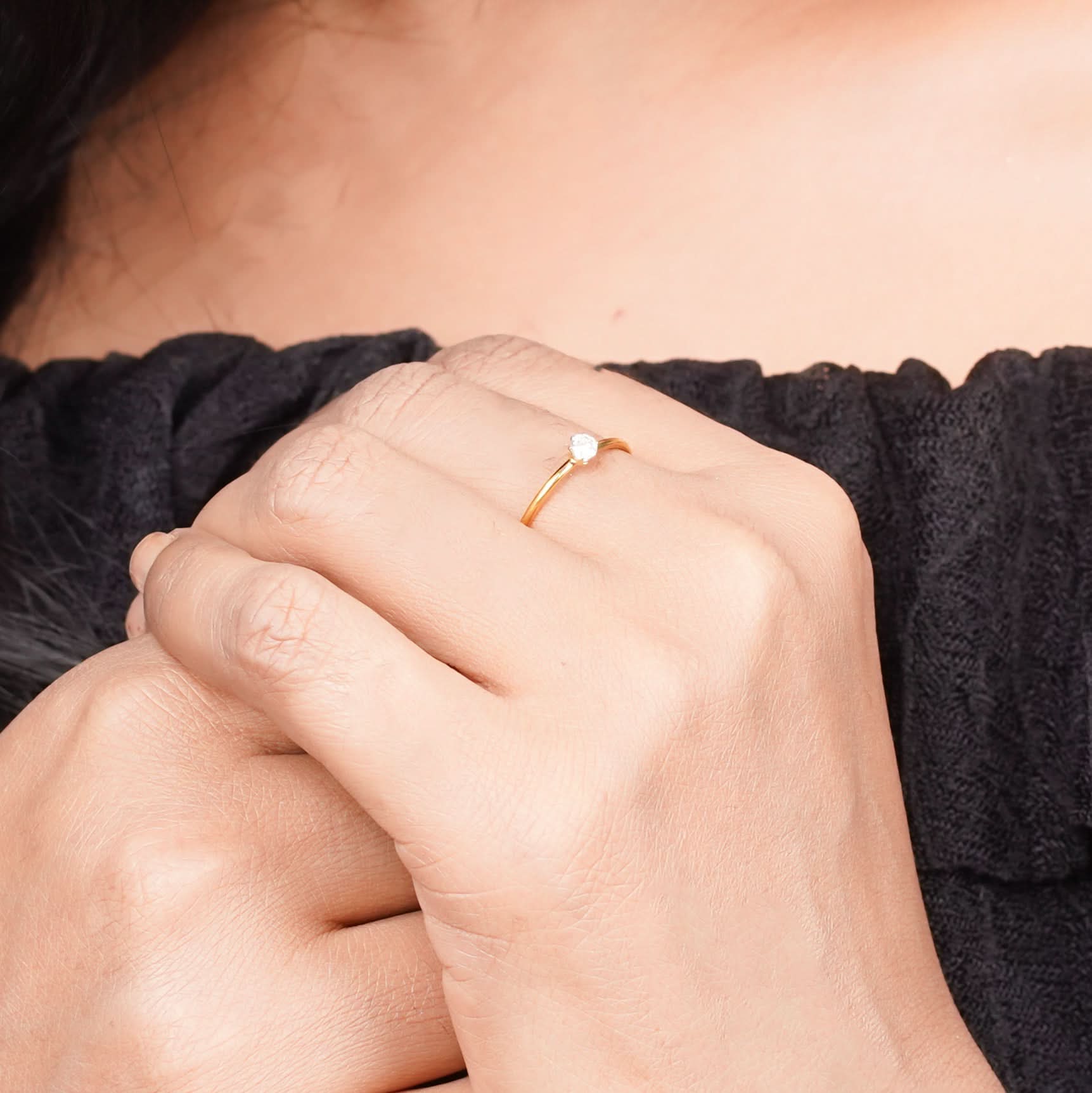 Dainty Dewdrop Micro-Band Ring – ultra-thin stackable dewdrop accent ring in 18K gold plated finish-2