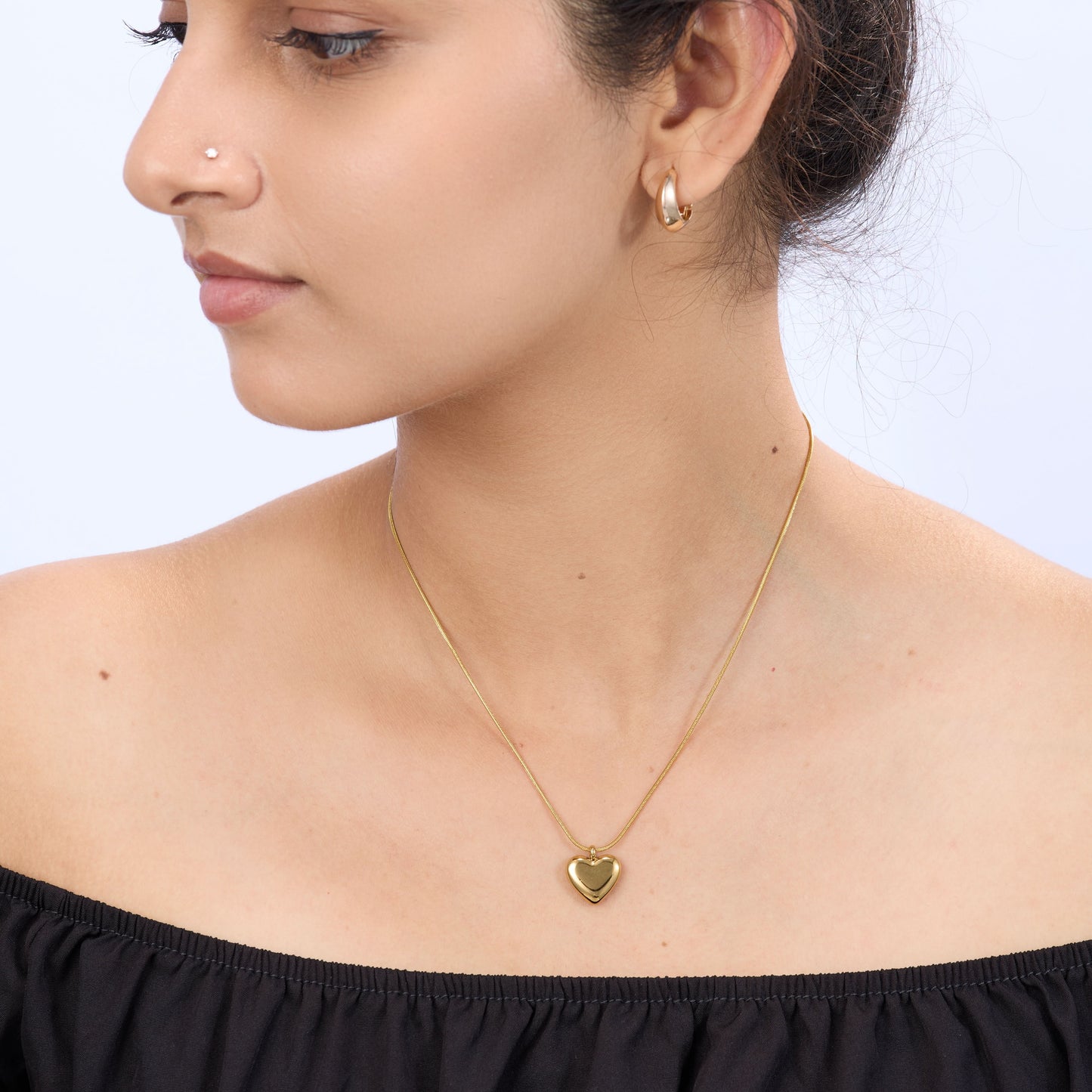 Classic dainty flat heart pendant on 40.5cm snake chain in 18K gold-plated stainless steel-3