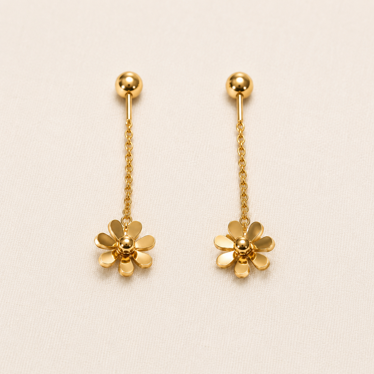 Daisy Chain Drop Earrings – floral daisy motif drop earrings on fine gold chain for women