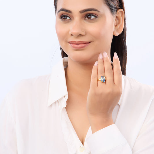 Deep Sea Vine Prism Blue Stone Ring – emerald-cut blue prism stone in sculptural golden vine setting, 18K gold plated-4