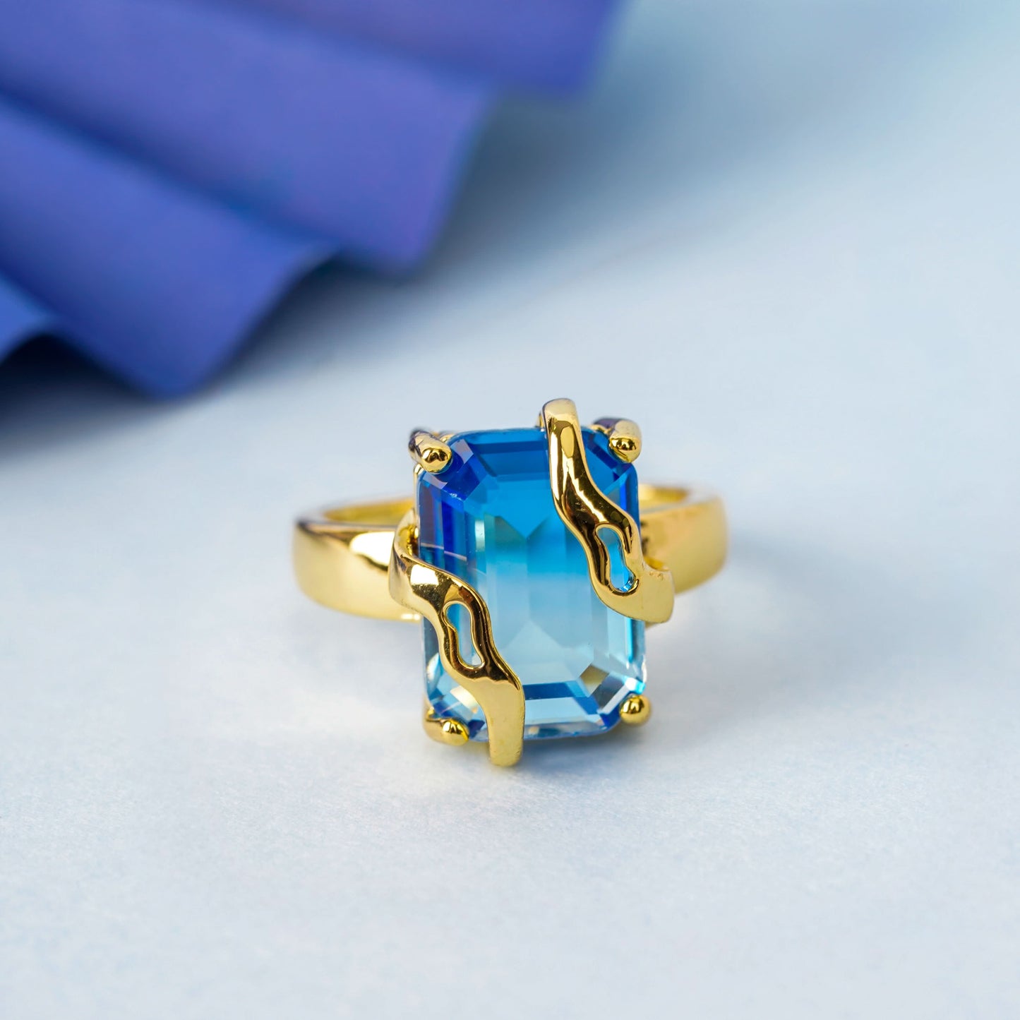 Deep Sea Vine Prism Blue Stone Ring – emerald-cut blue prism stone in sculptural golden vine setting, 18K gold plated-5