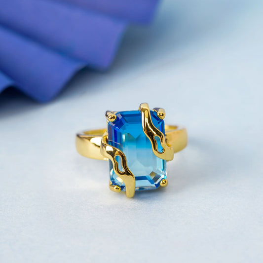 Deep Sea Vine Prism Blue Stone Ring – emerald-cut blue prism stone in sculptural golden vine setting, 18K gold plated-5
