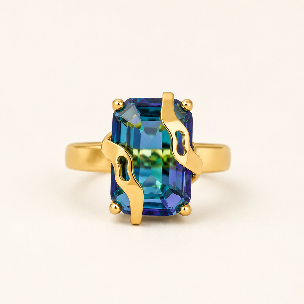 Deep Sea Vine Prism Blue Stone Ring – emerald-cut blue prism stone in sculptural golden vine setting, 18K gold plated