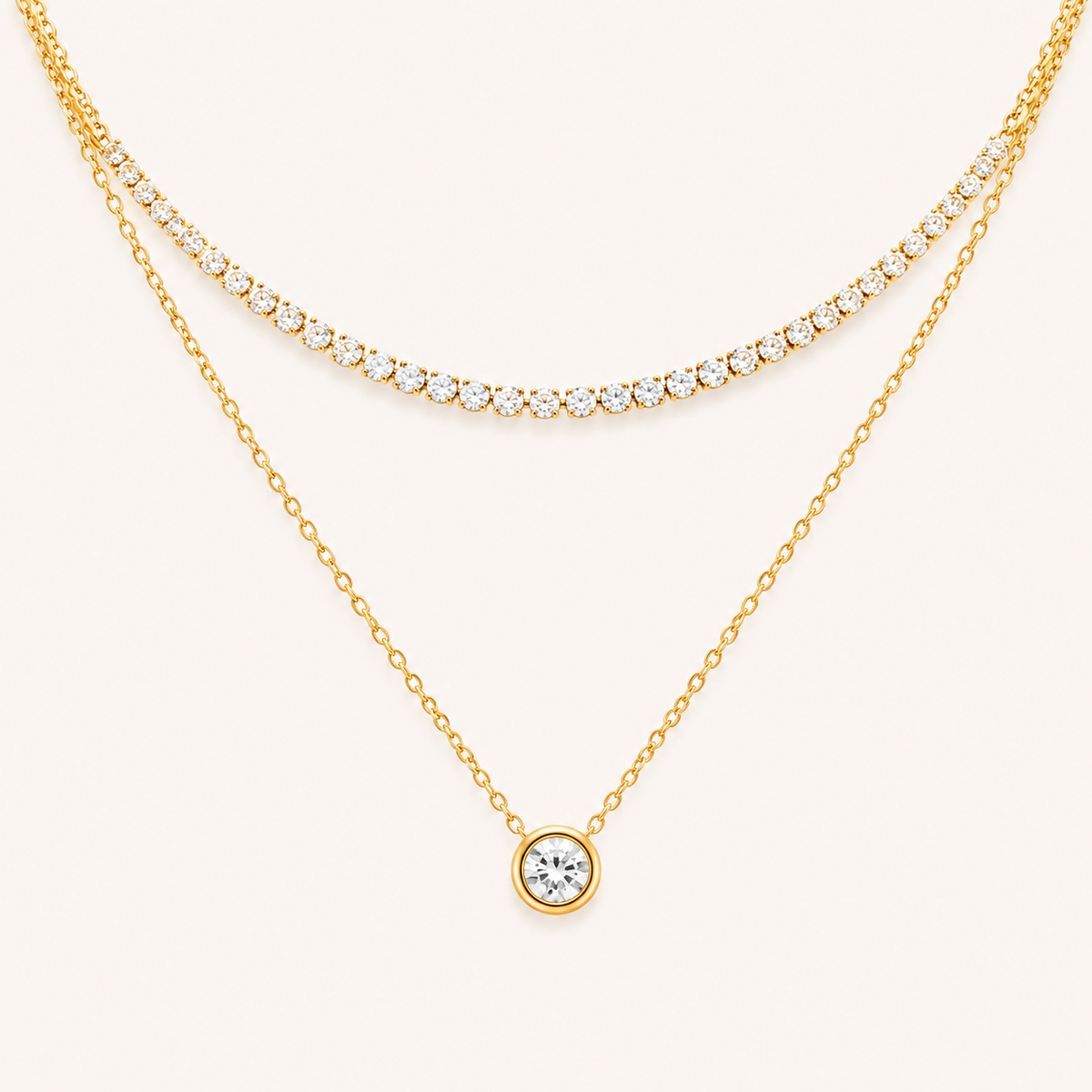 Diamond-Layered Crystal Collier Necklace – double-strand tennis chain and solitaire drop necklace in 18K gold plated finish-2