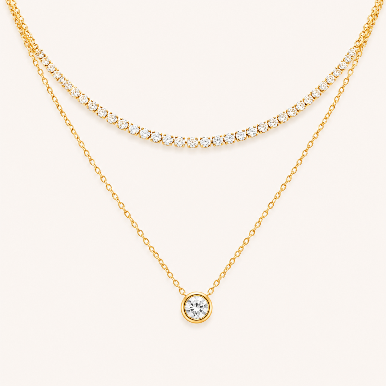Diamond-Layered Crystal Collier Necklace – double-strand tennis chain and solitaire drop necklace in 18K gold plated finish-2