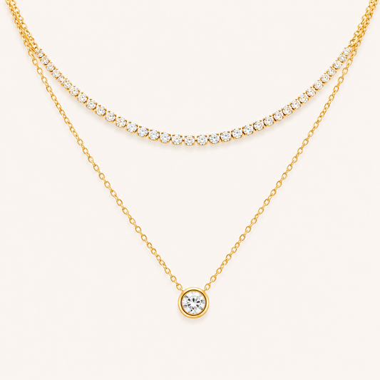 Diamond-Layered Crystal Collier Necklace – double-strand tennis chain and solitaire drop necklace in 18K gold plated finish-2