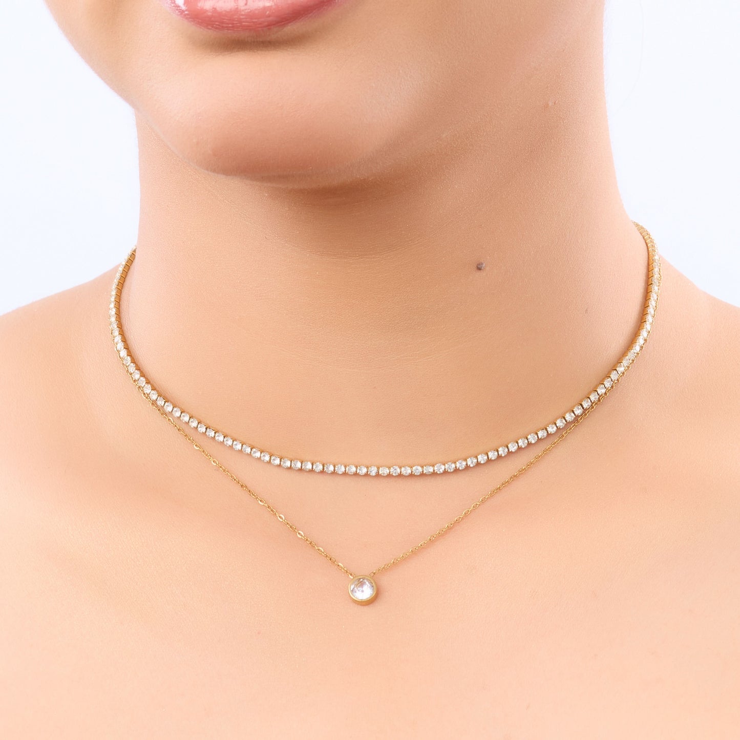 Diamond-Layered Crystal Collier Necklace – double-strand tennis chain and solitaire drop necklace in 18K gold plated finish-3