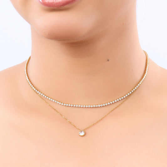Diamond-Layered Crystal Collier Necklace – double-strand tennis chain and solitaire drop necklace in 18K gold plated finish-3