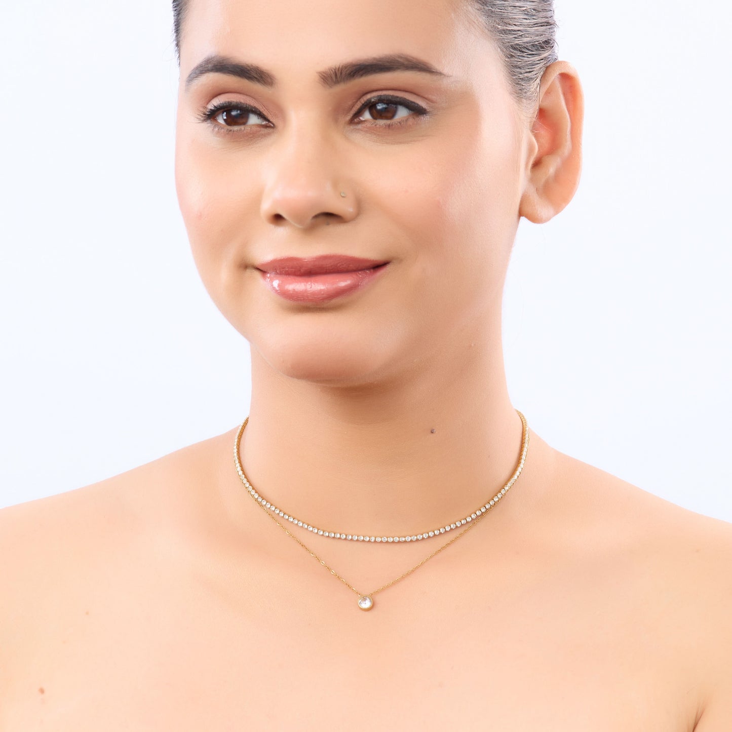 Diamond-Layered Crystal Collier Necklace – double-strand tennis chain and solitaire drop necklace in 18K gold plated finish-5