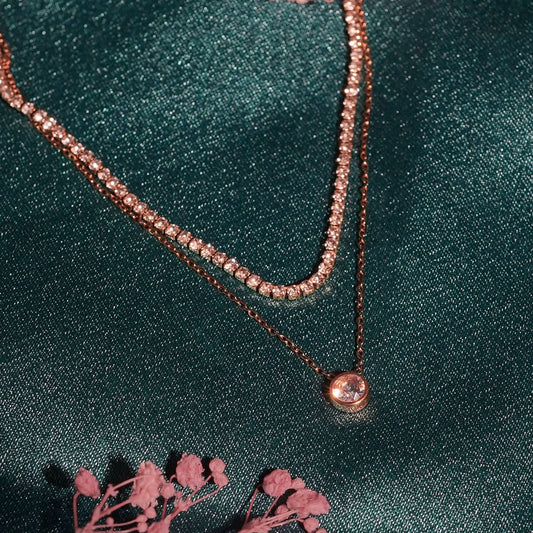Diamond-Layered Crystal Collier Necklace – double-strand tennis chain and solitaire drop necklace in 18K gold plated finish-6