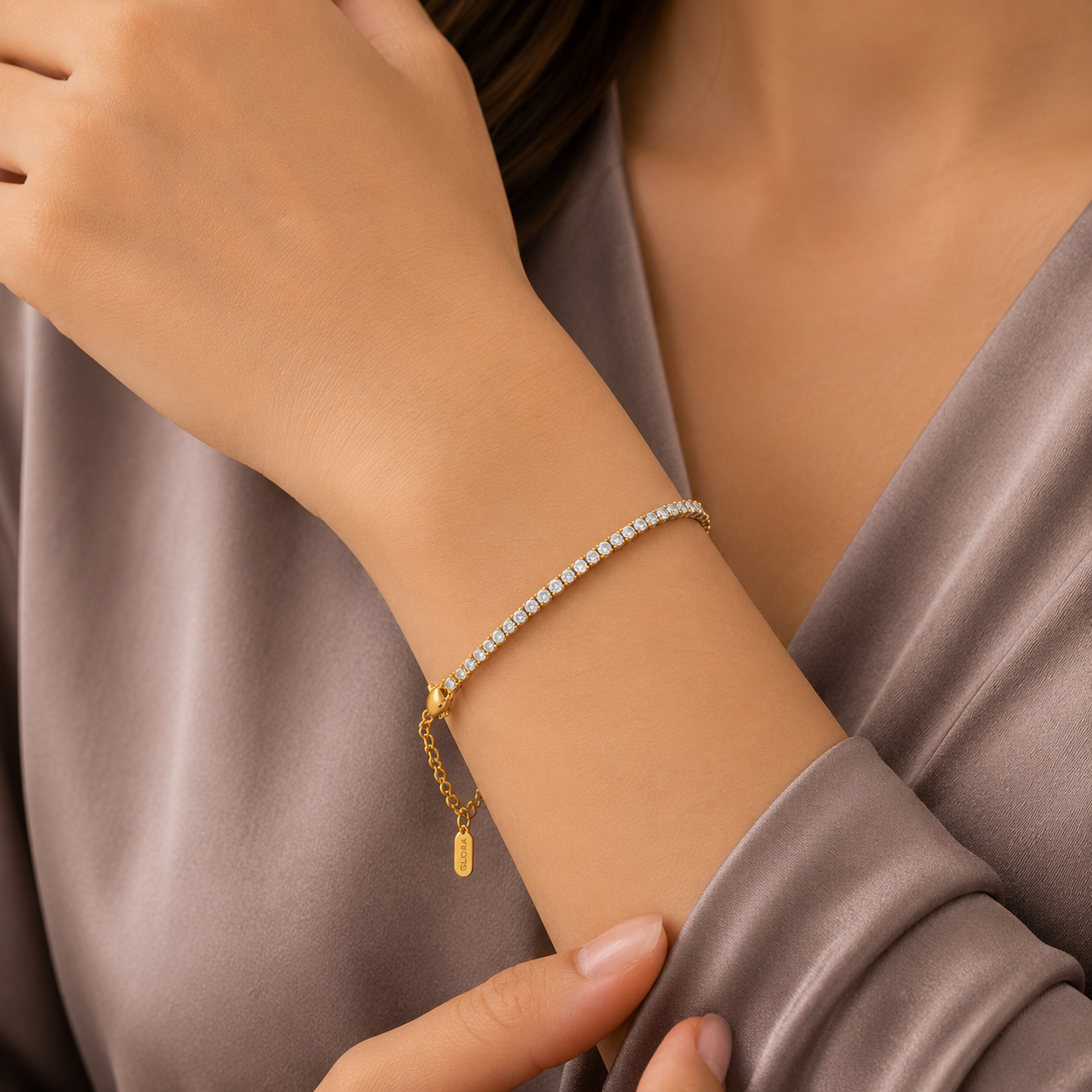 Diamond River Tennis Bracelet – flowing crystal-set tennis-link bracelet in 18K gold plated finish for women