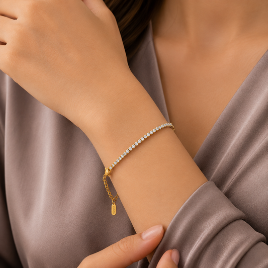 Diamond River Tennis Bracelet – flowing crystal-set tennis-link bracelet in 18K gold plated finish for women