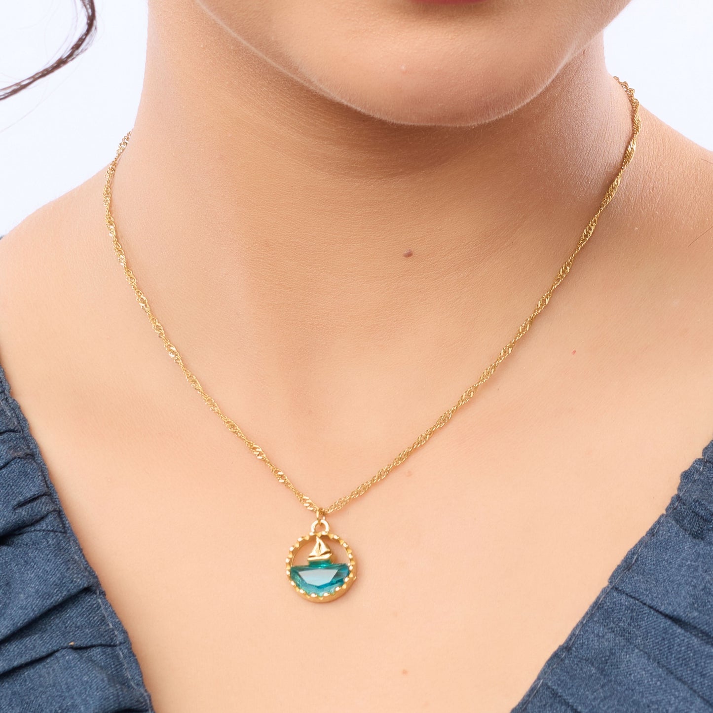 Dopamine Ocean Sailboat Pendant Necklace – round blue enamel sailboat motif pendant in gold plated finish-2