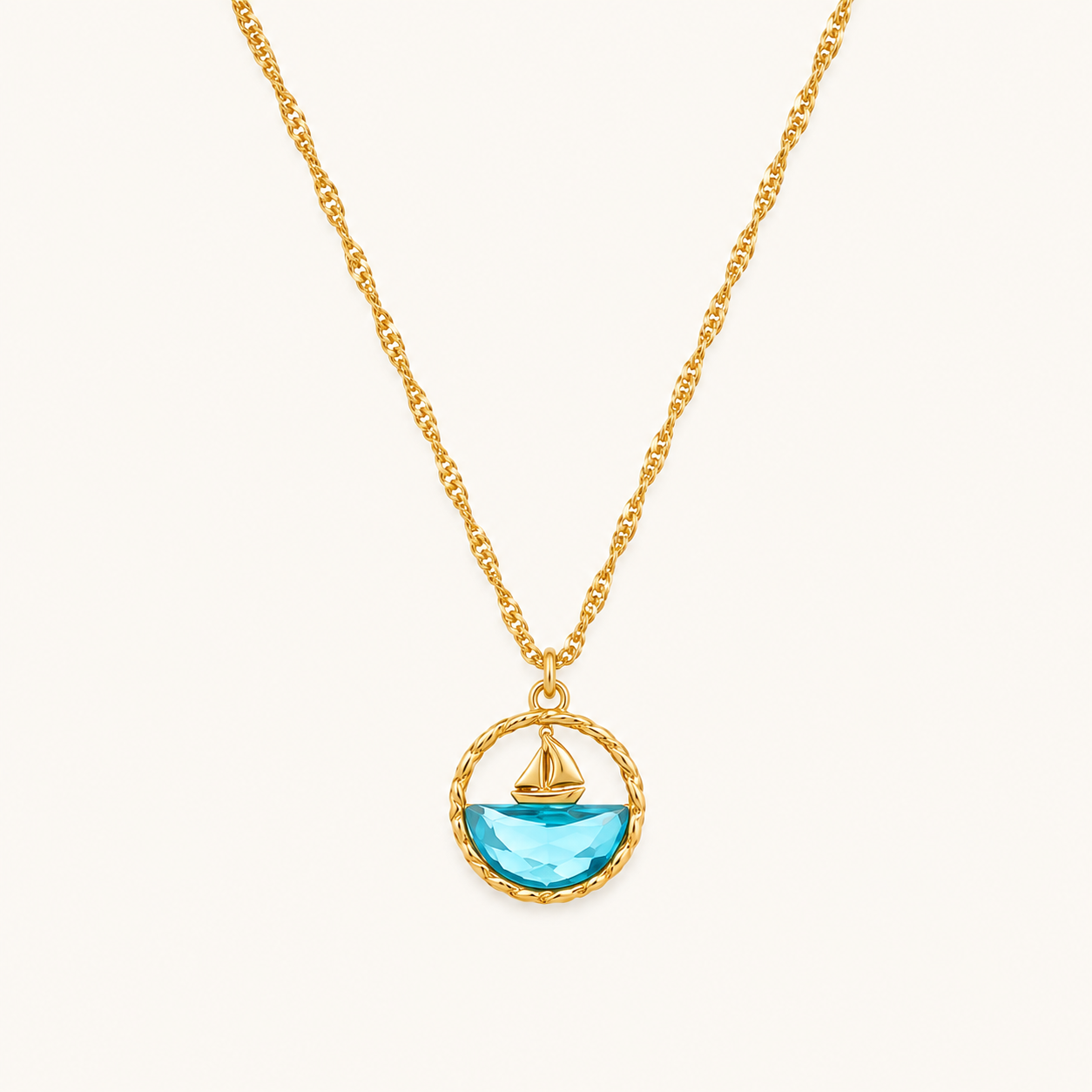 Dopamine Ocean Sailboat Pendant Necklace – round blue enamel sailboat motif pendant in gold plated finish