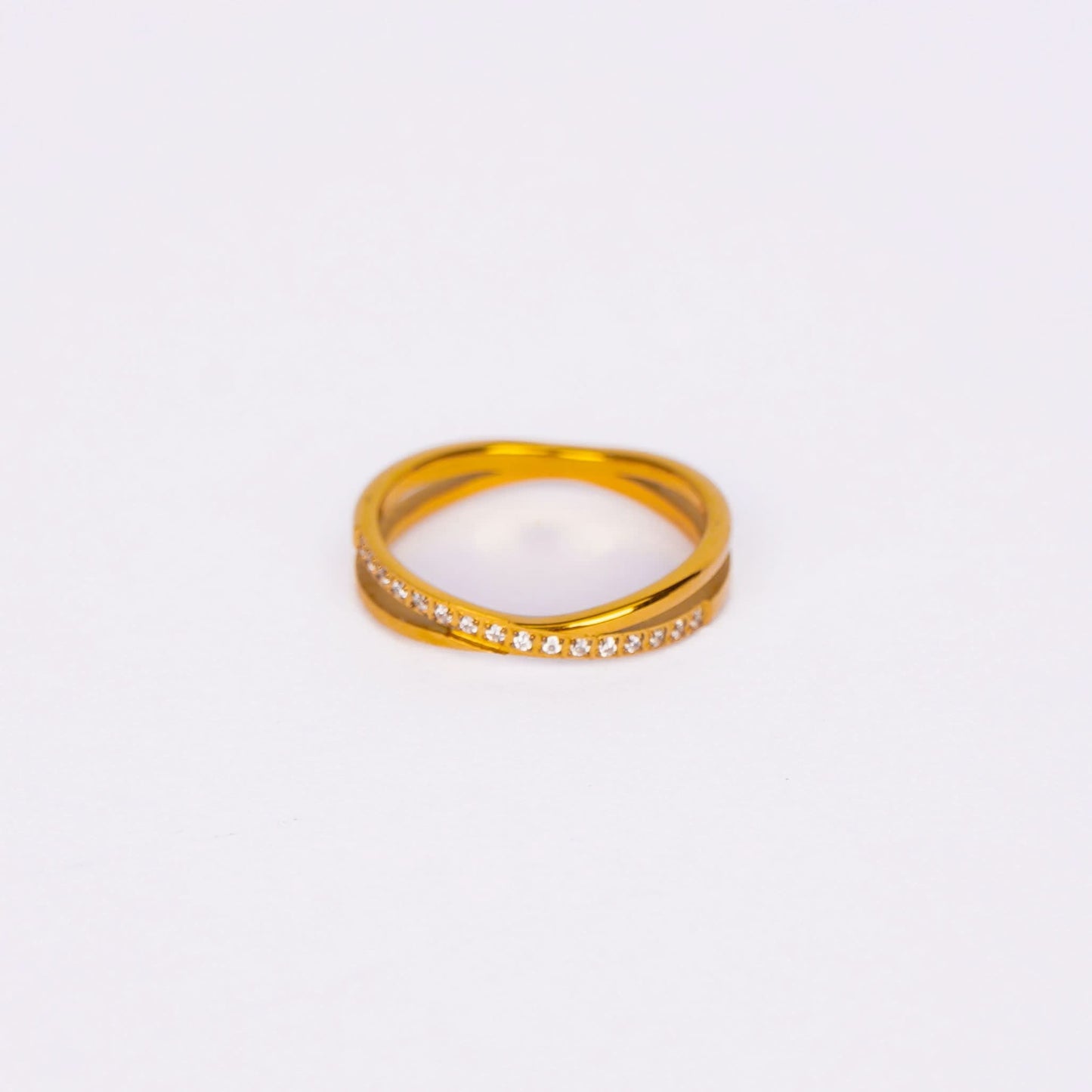 Double Cross Crystal Path Ring – intersecting pavé crystal double-cross band ring in 18K gold plated finish-3