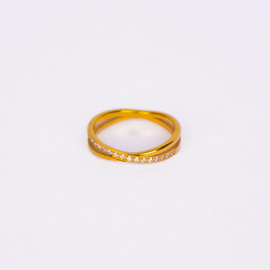 Double Cross Crystal Path Ring – intersecting pavé crystal double-cross band ring in 18K gold plated finish-3