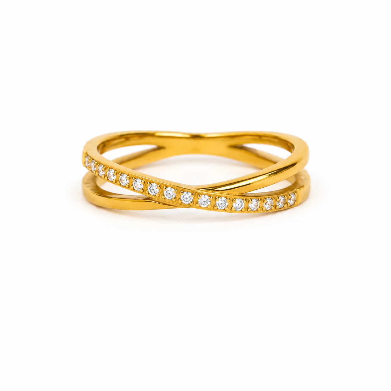 Double Cross Crystal Path Ring – intersecting pavé crystal double-cross band ring in 18K gold plated finish