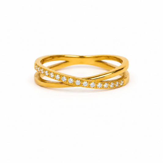 Double Cross Crystal Path Ring – intersecting pavé crystal double-cross band ring in 18K gold plated finish
