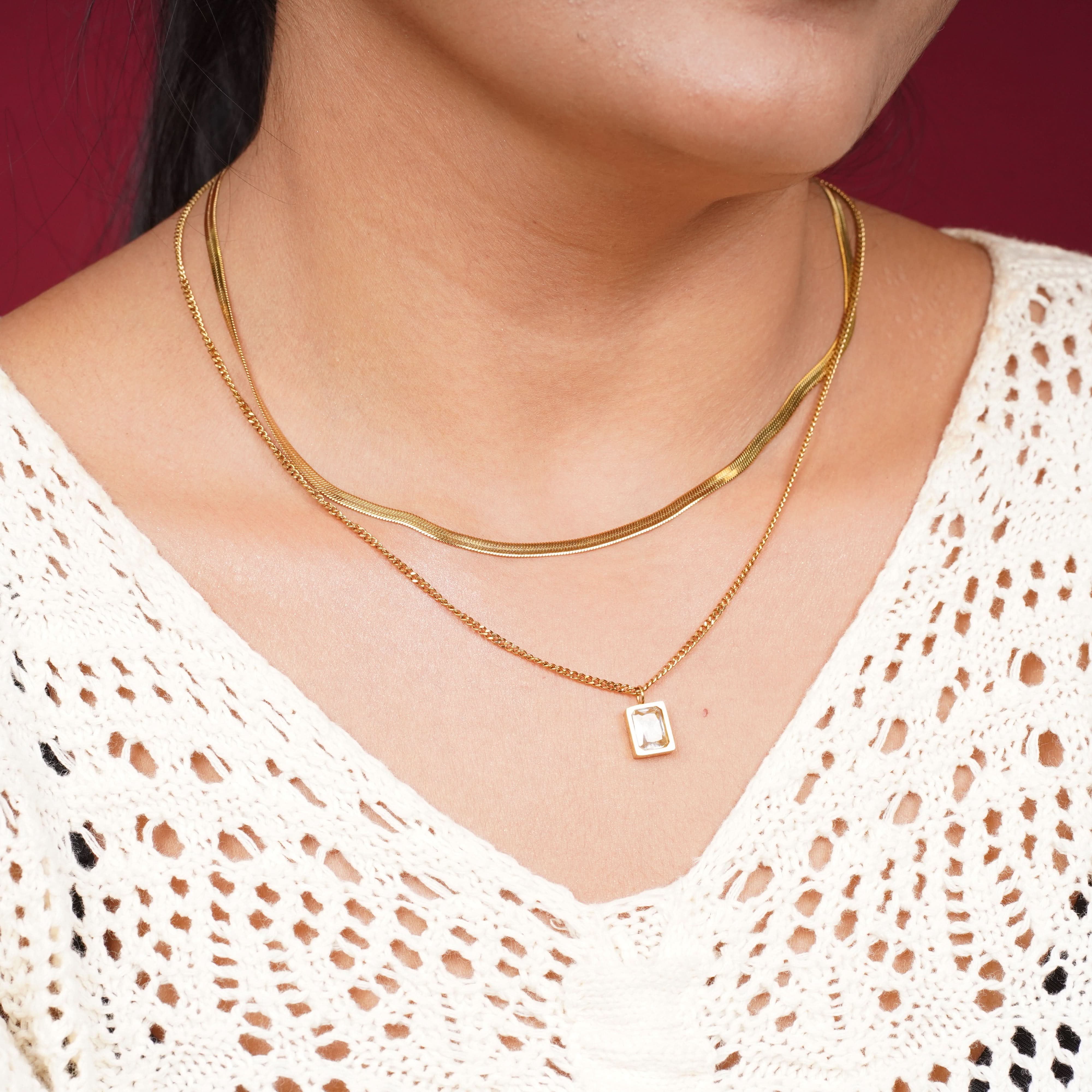 Double Heart Layered Diamond Necklace – layered double heart crystal pendant necklace in 18K gold plated finish-2