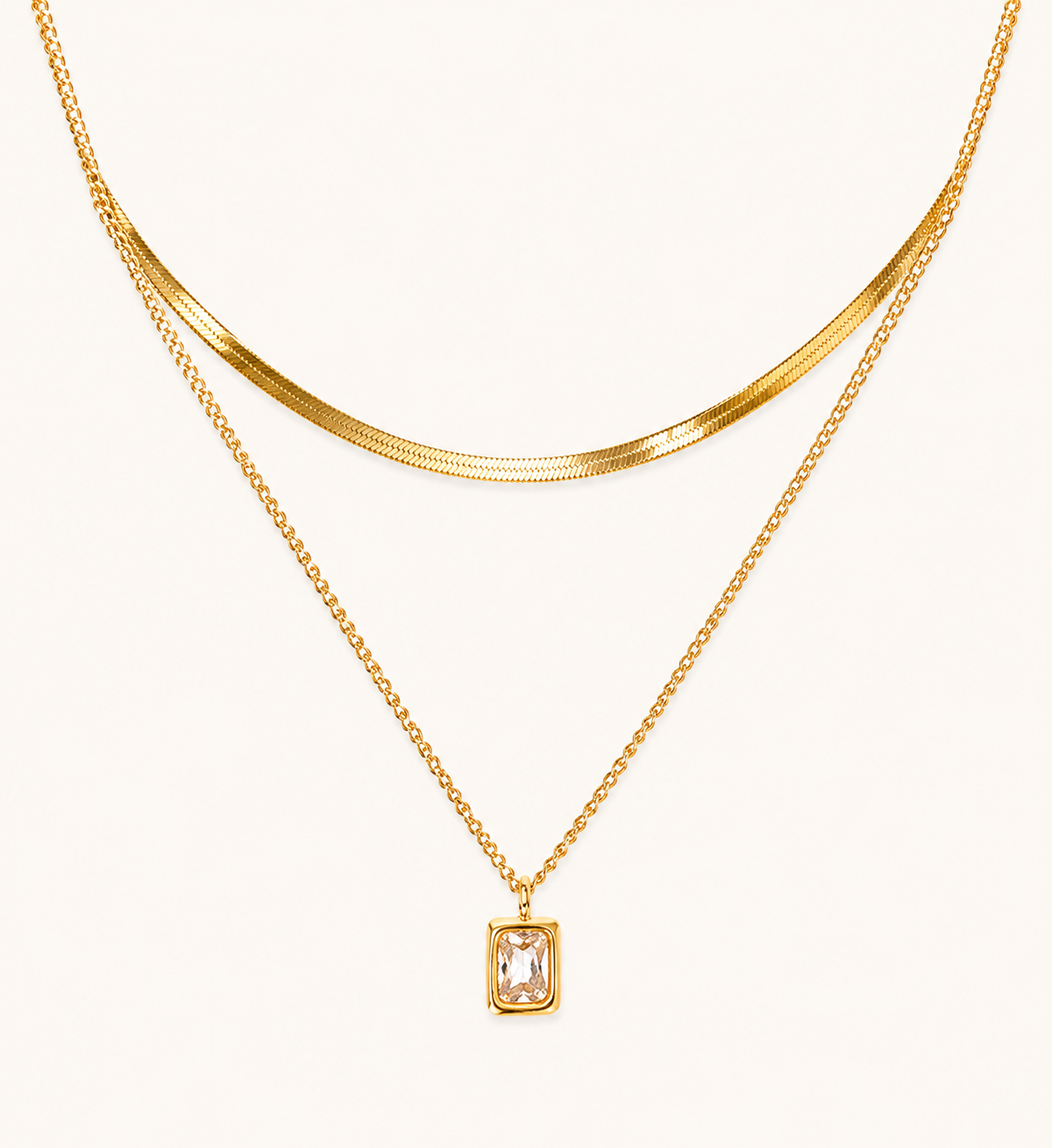 Double Heart Layered Diamond Necklace – layered double heart crystal pendant necklace in 18K gold plated finish