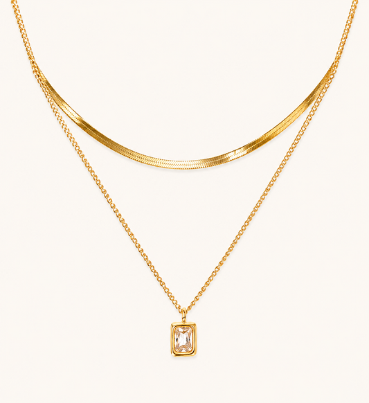 Double Heart Layered Diamond Necklace – layered double heart crystal pendant necklace in 18K gold plated finish