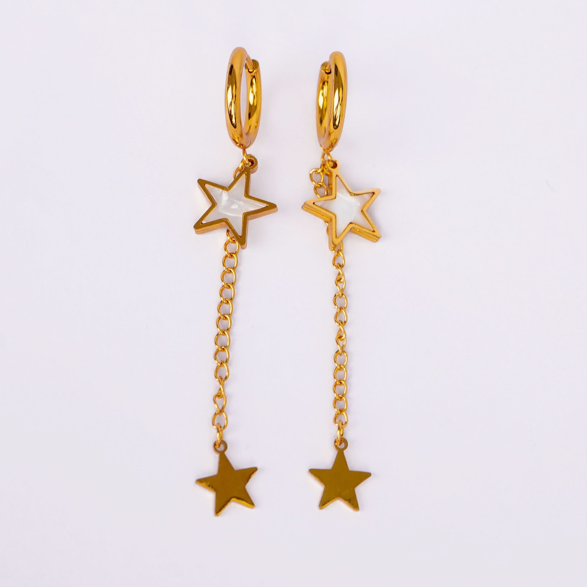 Double Star Chain Drop Earrings – dual star charm drop earrings on fine gold chain for women
