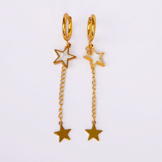 Double Star Chain Drop Earrings – dual star charm drop earrings on fine gold chain for women
