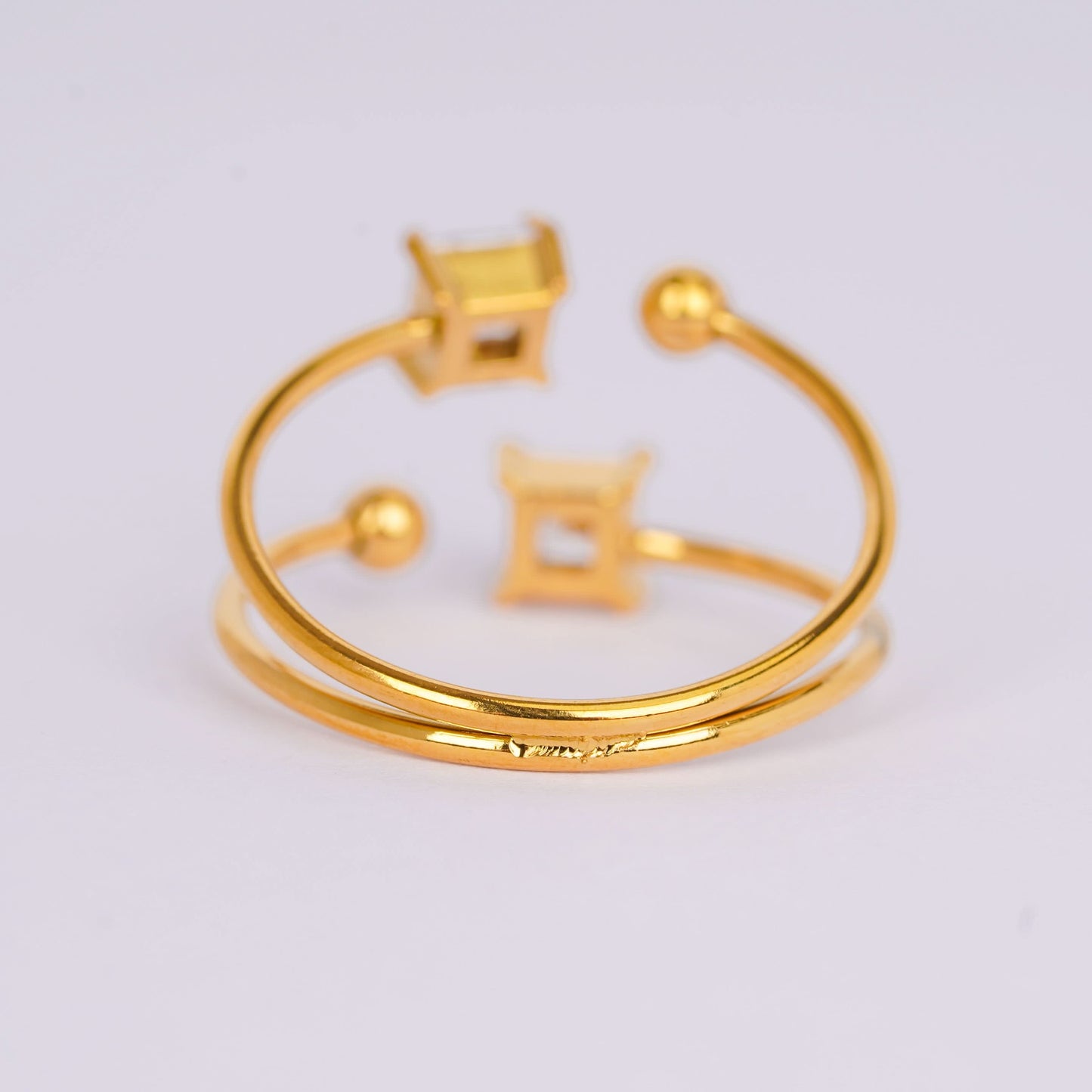 Dual-Glitz Bypass Ring – twin square-cut crystal open-ended bypass ring in 18K gold plated finish-3