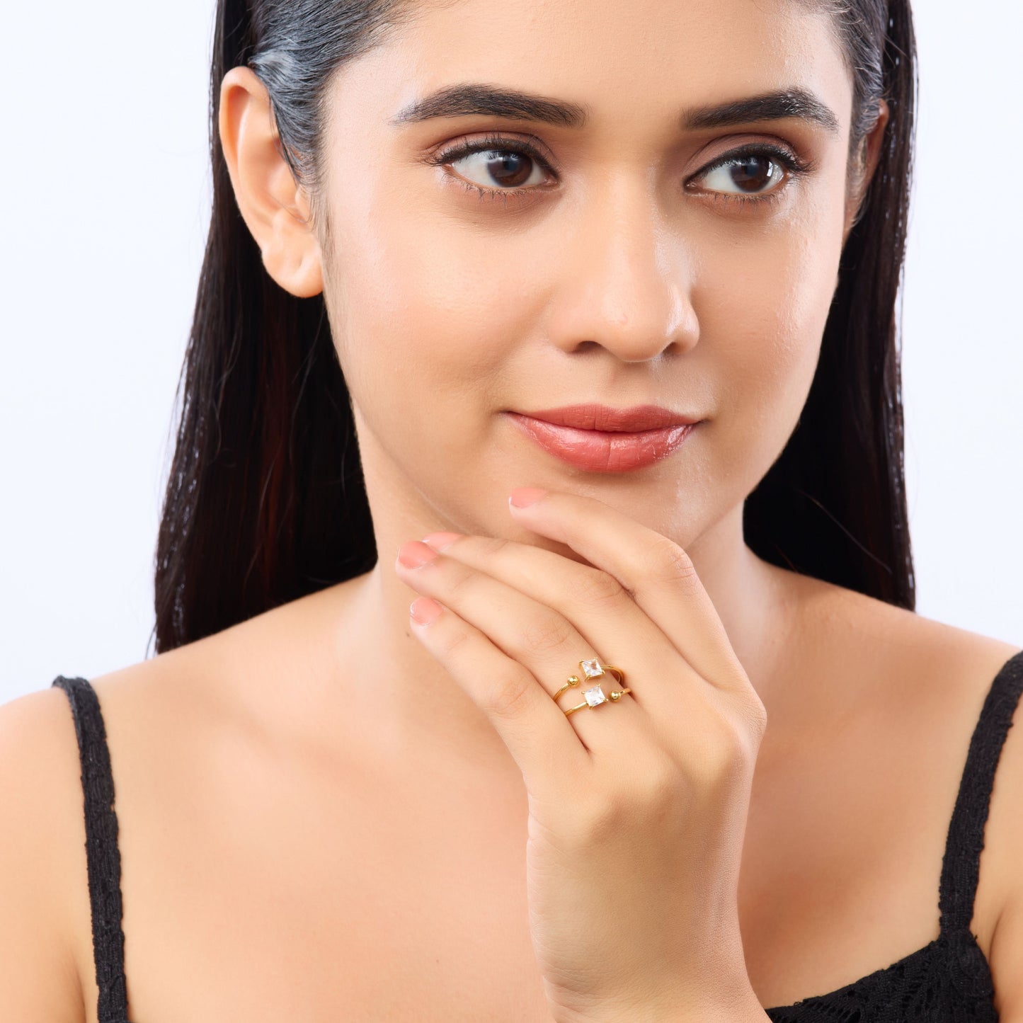 Dual-Glitz Bypass Ring – twin square-cut crystal open-ended bypass ring in 18K gold plated finish-4
