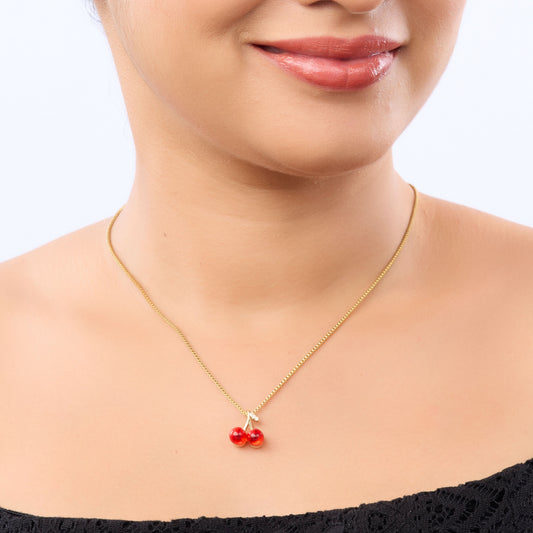 Dual Red Cherry Pendant Gold Necklace - red cherry charm pendant gold necklace Y2K style for women-2