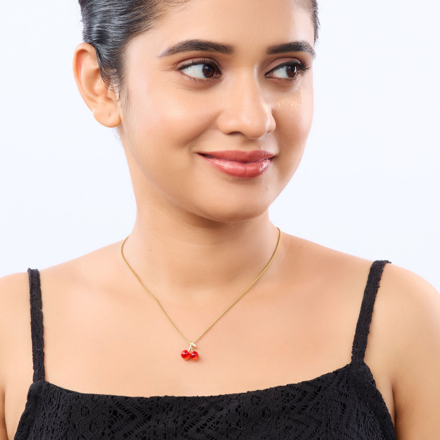 Dual Red Cherry Pendant Gold Necklace - red cherry charm pendant gold necklace Y2K style for women-4