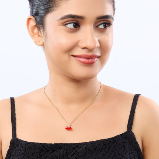 Dual Red Cherry Pendant Gold Necklace - red cherry charm pendant gold necklace Y2K style for women-4
