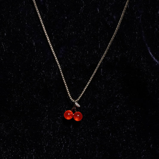 Dual Red Cherry Pendant Gold Necklace - red cherry charm pendant gold necklace Y2K style for women-5