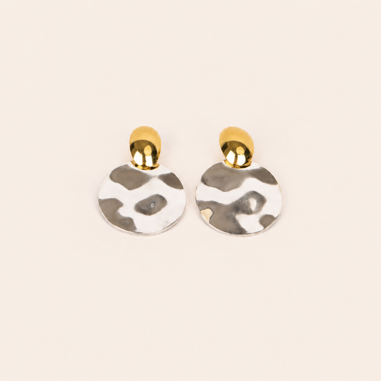 Dual-Tone Disc Drop Earrings – gold and silver-tone oval stud with round disc drop for women