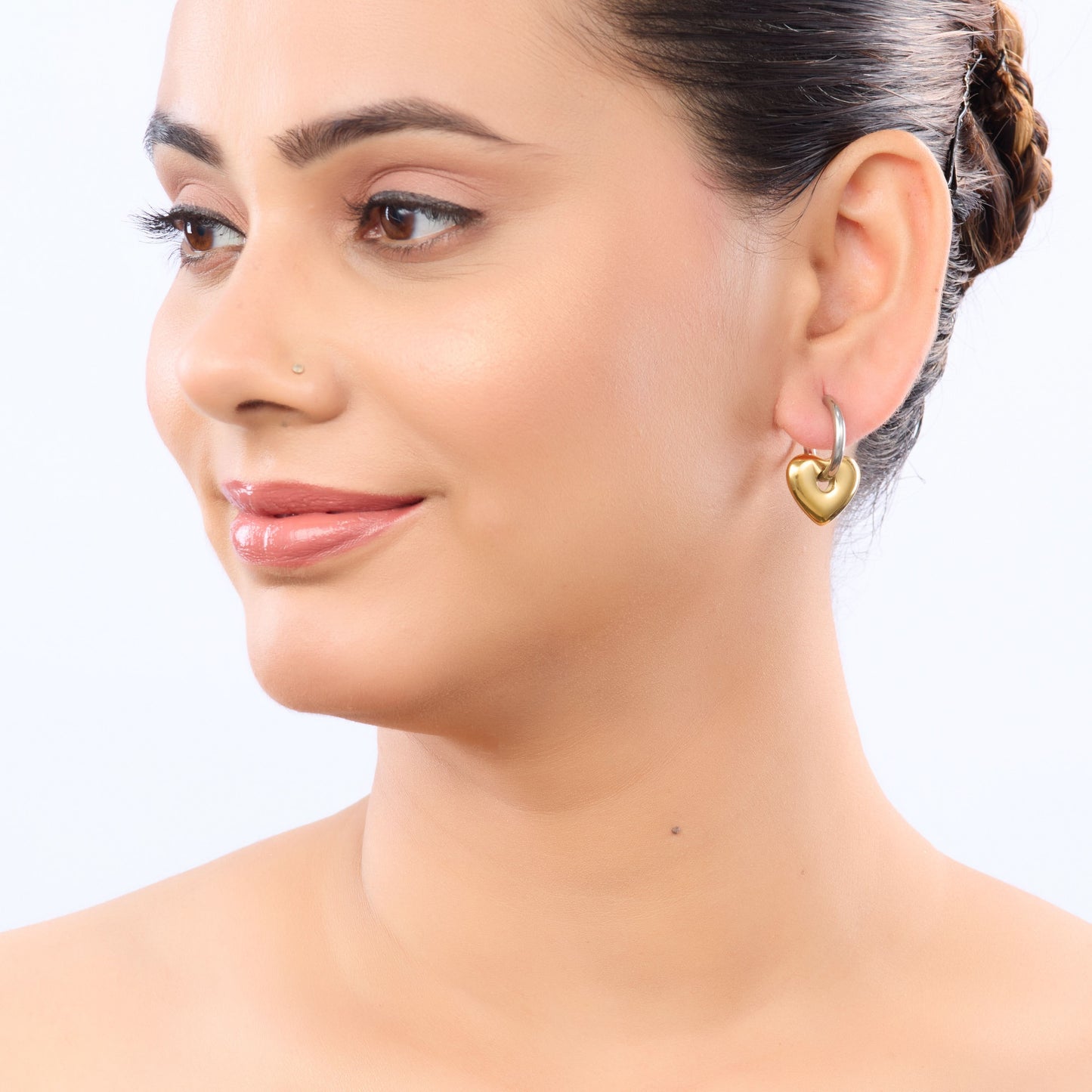 Dual-Tone Sculpted Heart Stud Earrings – 3D sculpted heart stud earrings in dual gold silver-tone finish for women-3