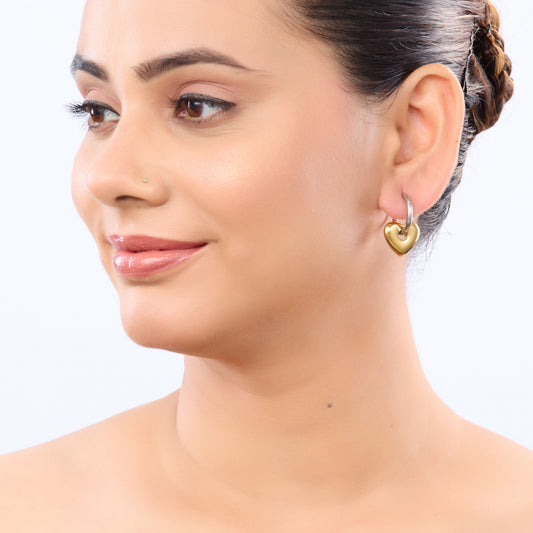 Dual-Tone Sculpted Heart Stud Earrings – 3D sculpted heart stud earrings in dual gold silver-tone finish for women-3