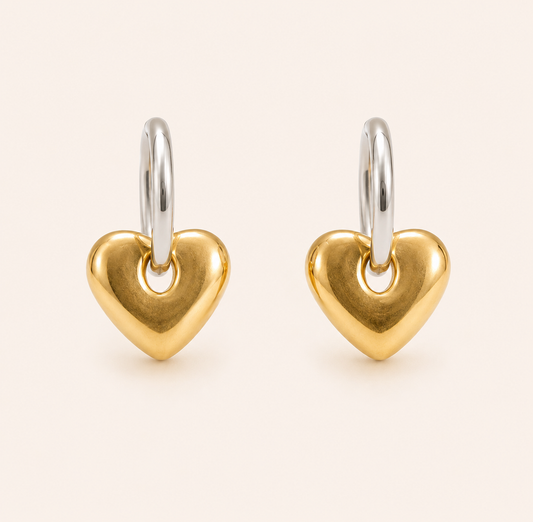 Dual-Tone Sculpted Heart Stud Earrings – 3D sculpted heart stud earrings in dual gold silver-tone finish for women