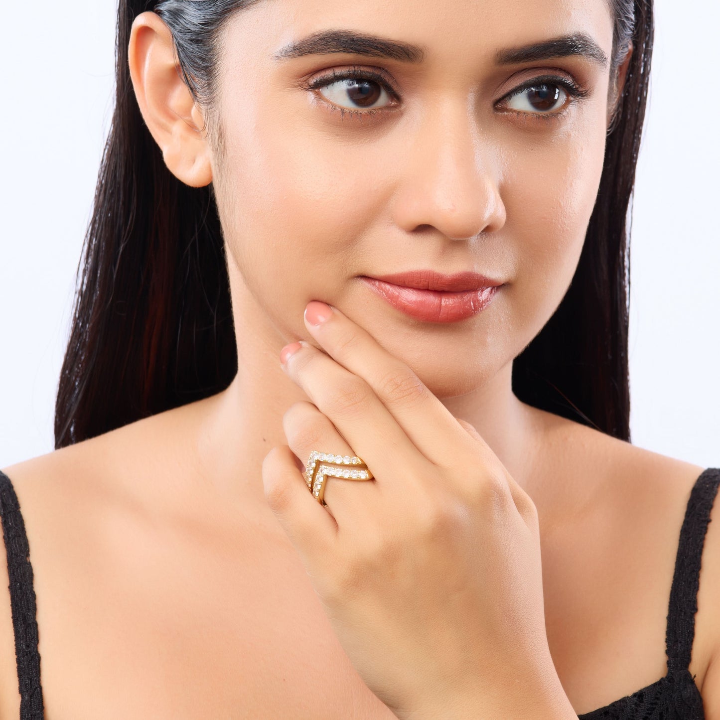 Dual V-Crest Tiara Ring – dual crown crest sculptural ring in 18K gold plated finish for women-4