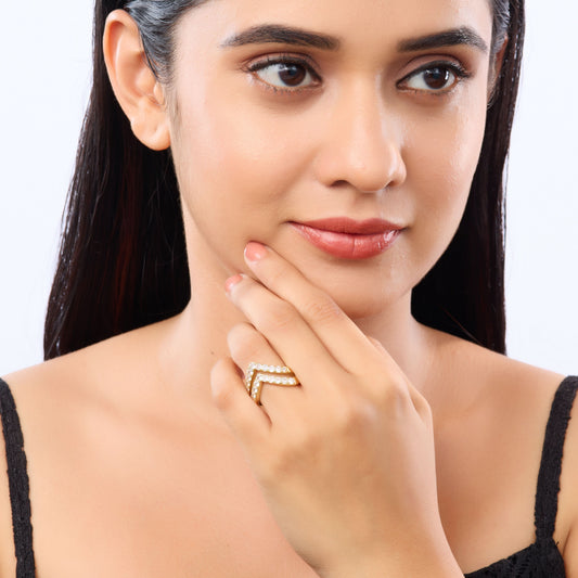 Dual V-Crest Tiara Ring – dual crown crest sculptural ring in 18K gold plated finish for women-4