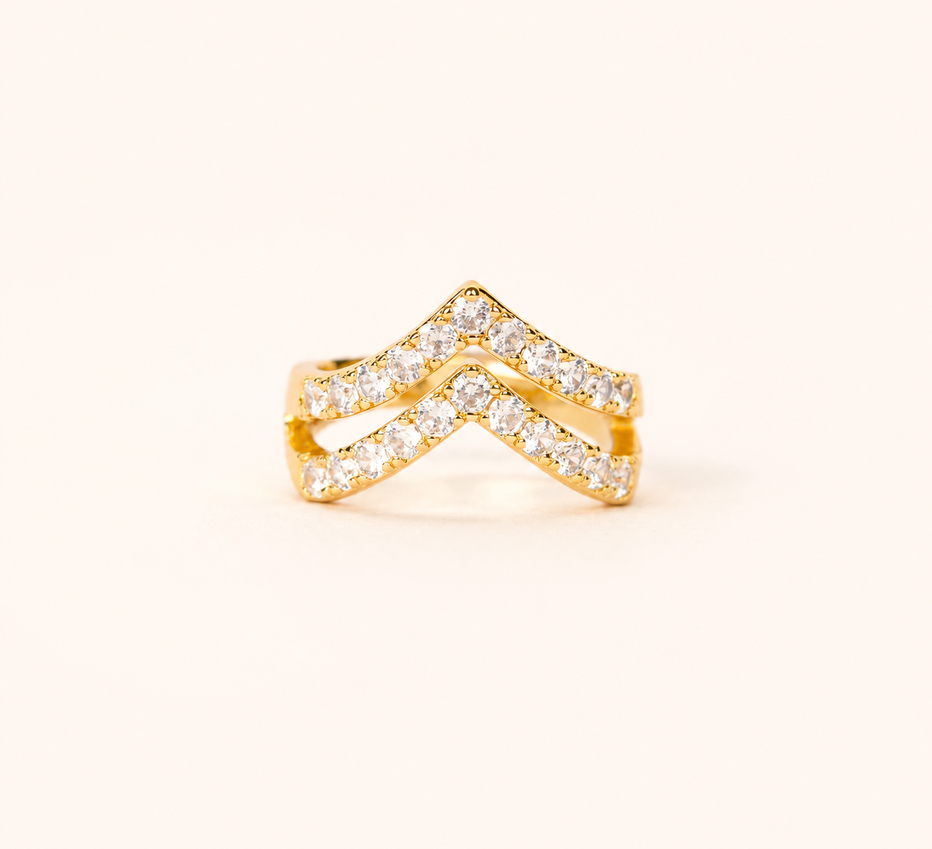 Dual V-Crest Tiara Ring – dual crown crest sculptural ring in 18K gold plated finish for women