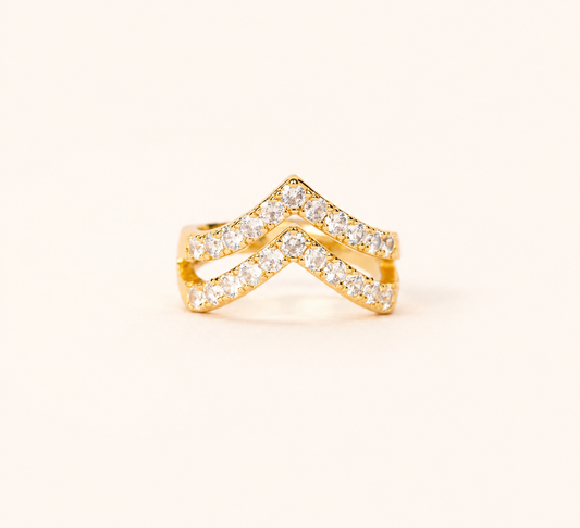 Dual V-Crest Tiara Ring – dual crown crest sculptural ring in 18K gold plated finish for women